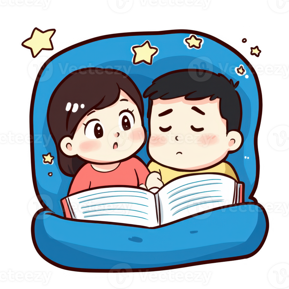 A cute illustration of a boy and girl reading a book together, surrounded by stars png