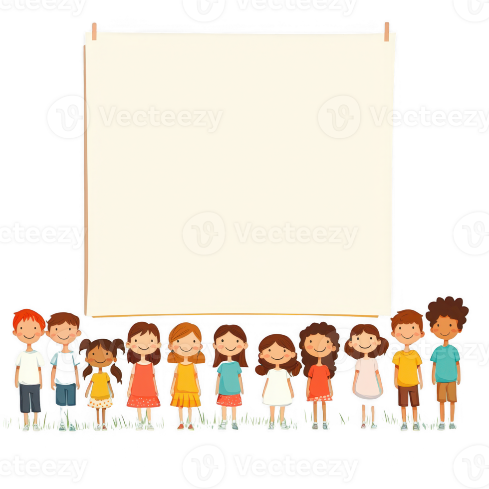 A diverse group of children standing together, smiling happily in front of a blank banner, perfect for messages or announcements, with vibrant colors and playful expressions. png