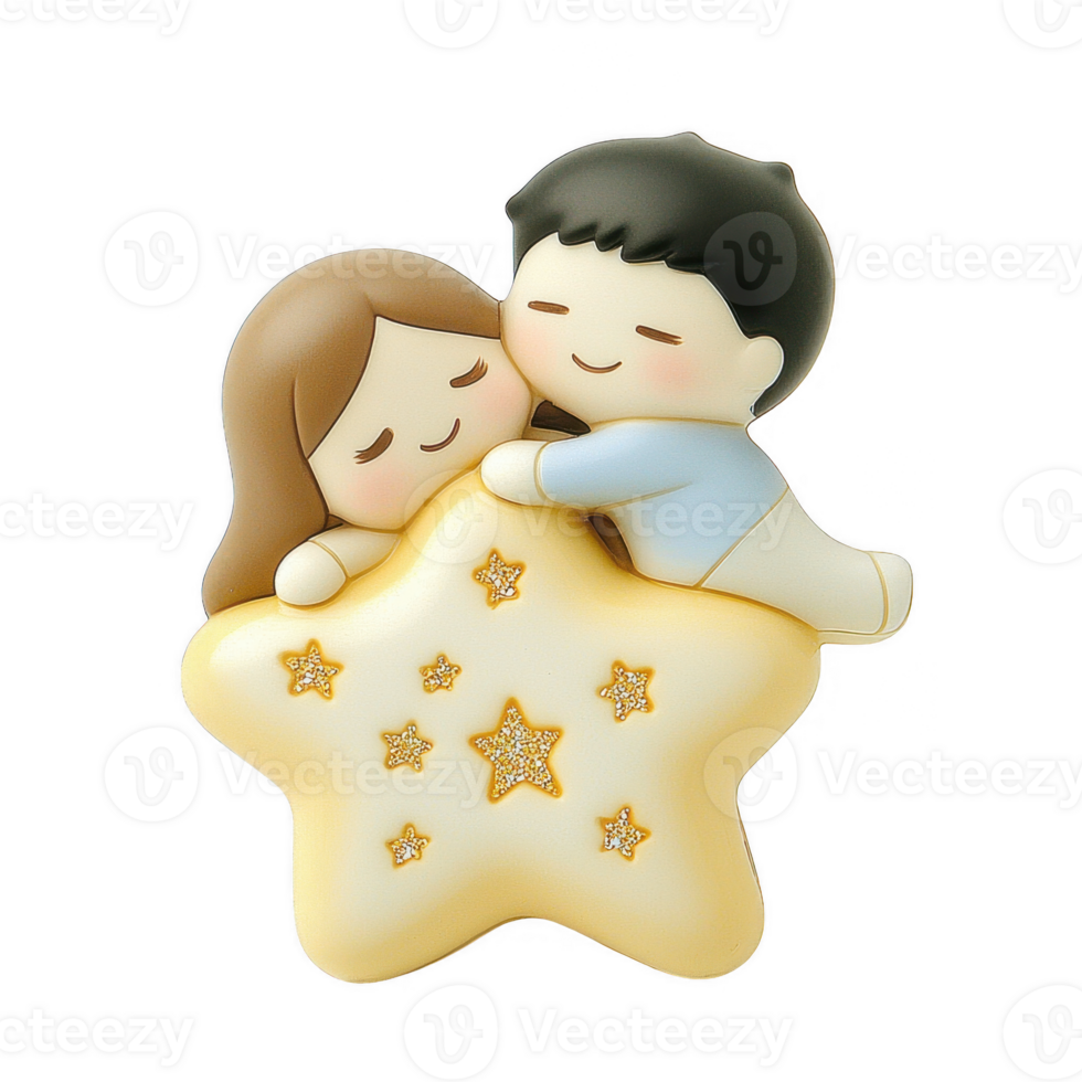 A cute illustration of a couple embracing a star, symbolizing love and dreams, set against a white isolated background for versatility in use. png
