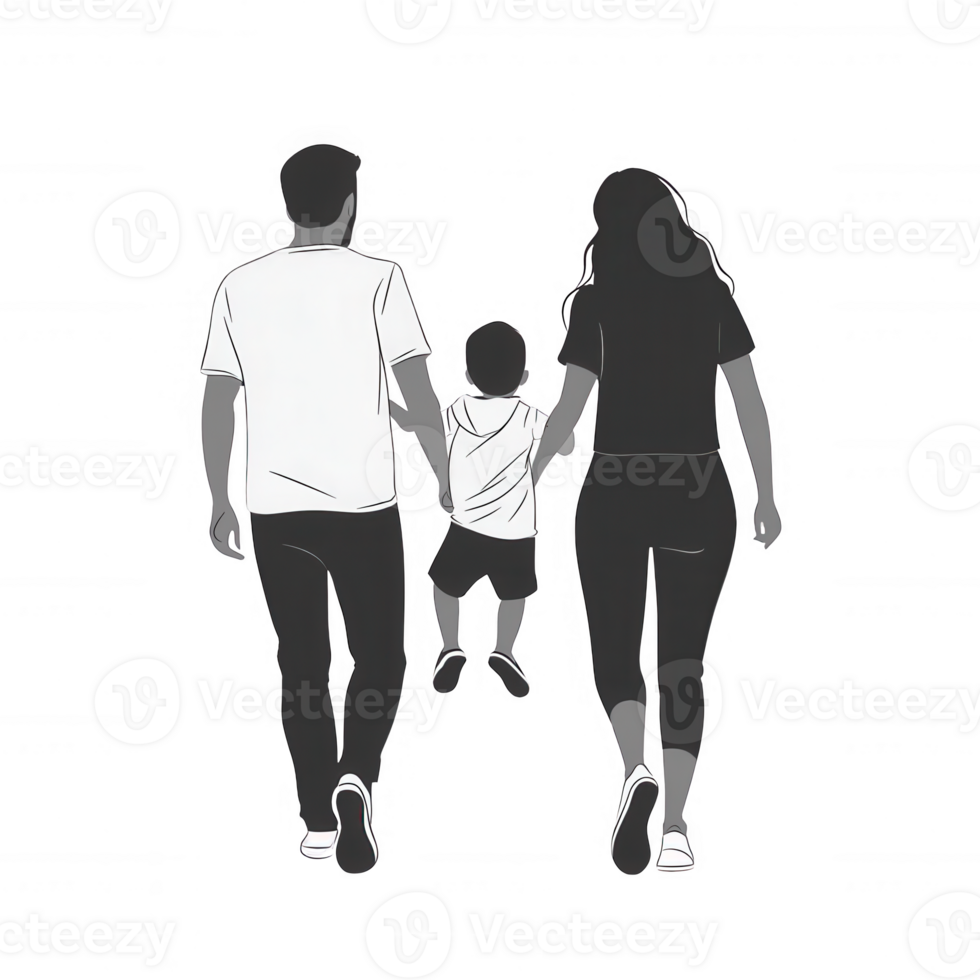 A family walking together, holding hands with a child, showcasing love and togetherness against a white isolated background. png