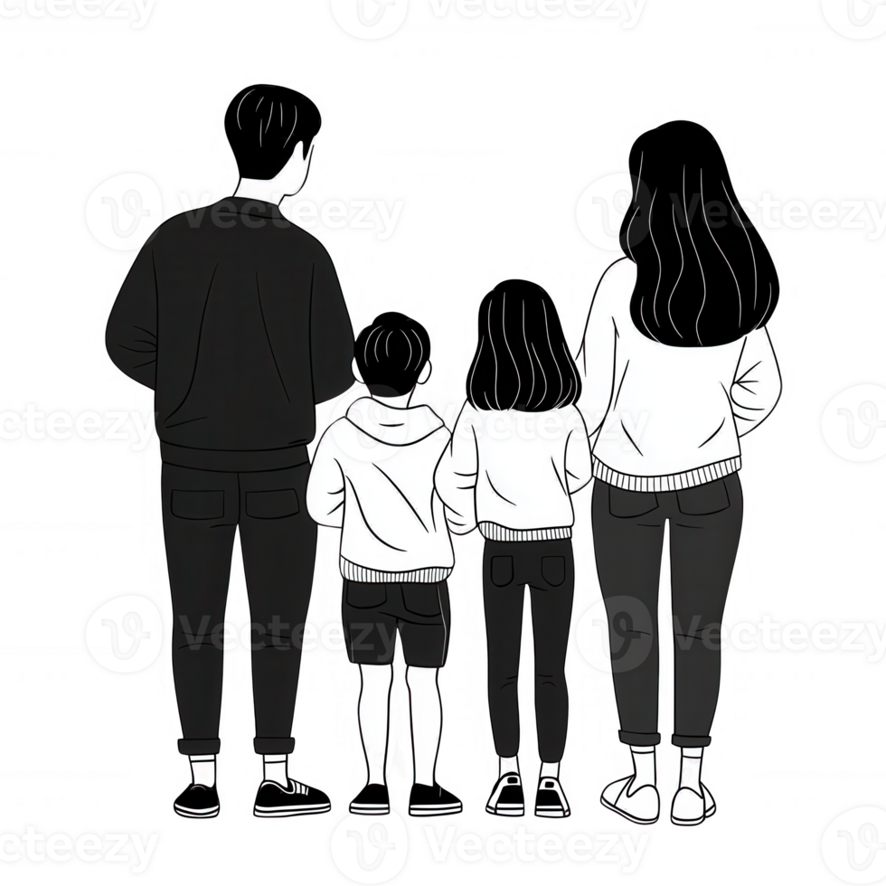 A family of four standing together, viewed from behind in a simple, minimalist design. They share a moment of connection and togetherness, set against a white background. png