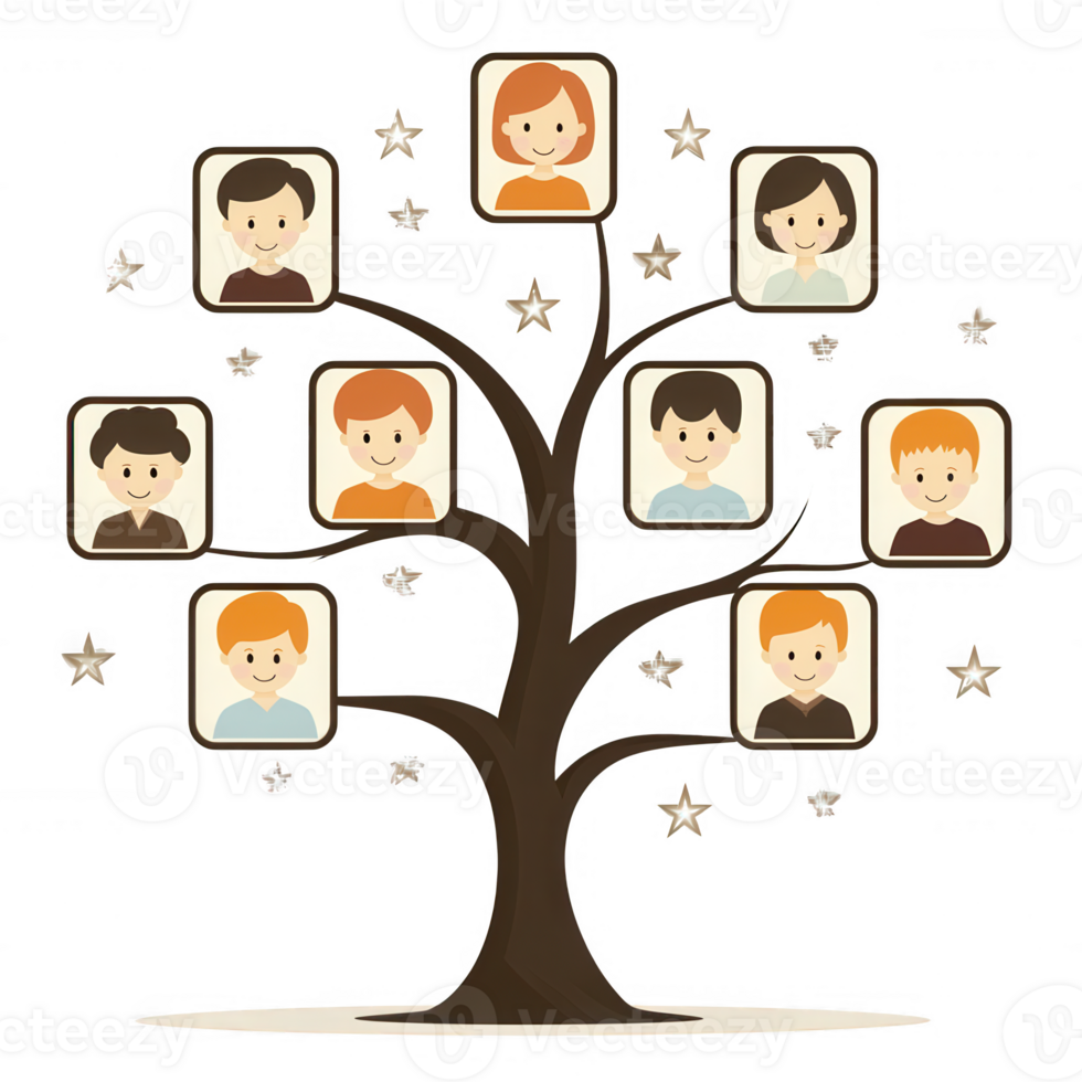 A family tree illustration featuring diverse characters in framed portraits connected by branches, symbolizing heritage and lineage on a transparent background. png