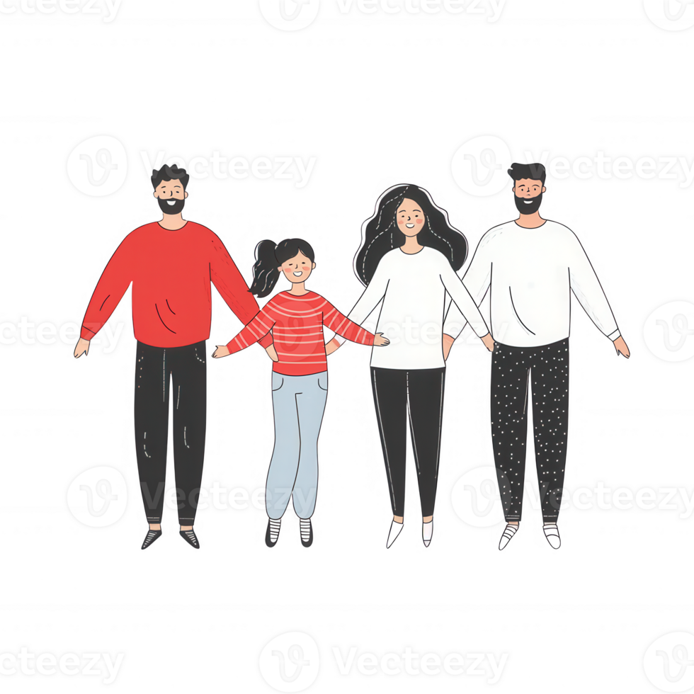 A diverse group of four people standing together, holding hands and smiling, showcasing unity and friendship on a white isolated background. png