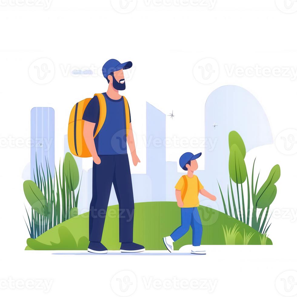 A father and son enjoying a walk in the city, surrounded by green plants and modern buildings, showcasing a moment of togetherness and exploration in an urban environment. png