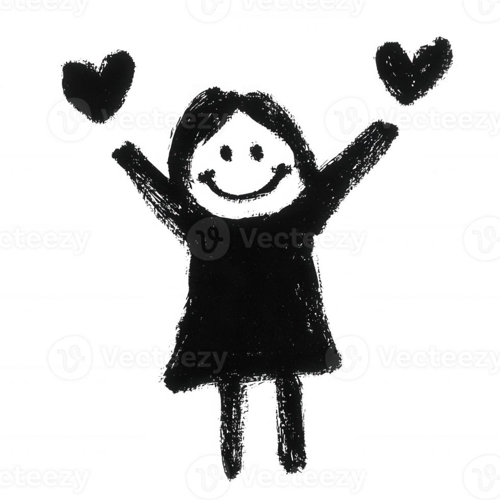 A hand-drawn cartoon character with raised arms, expressing joy and love, surrounded by hearts on a transparent background. png