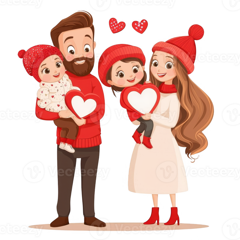 A happy family celebrating love, holding heart-shaped symbols. Parents and children dressed in cozy winter outfits, expressing joy and togetherness on a festive occasion. png