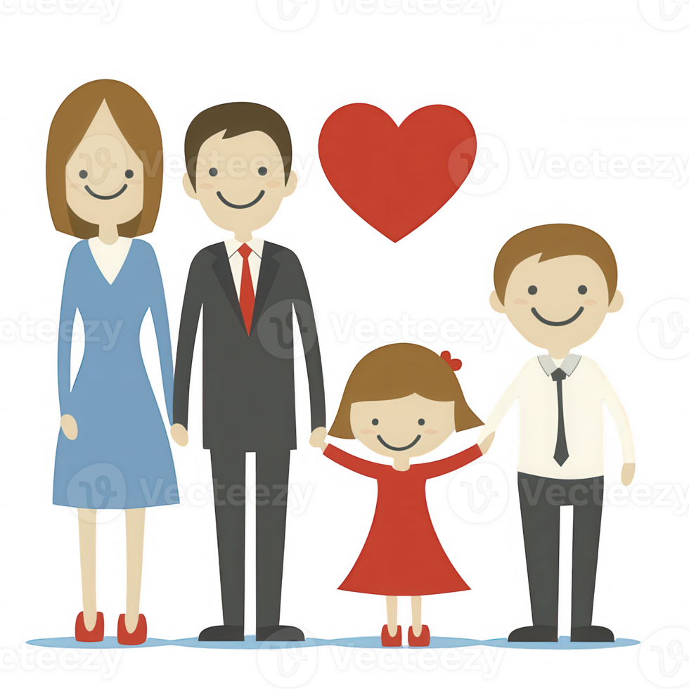 A happy family consisting of two parents and two children, standing together with a heart symbol above them, representing love and togetherness on a white isolated background. png