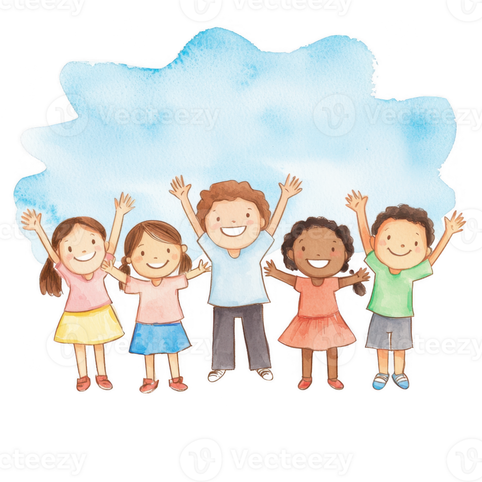 A group of five cheerful children, smiling and raising their hands in celebration, against a light blue background with soft clouds, conveying joy and friendship. png