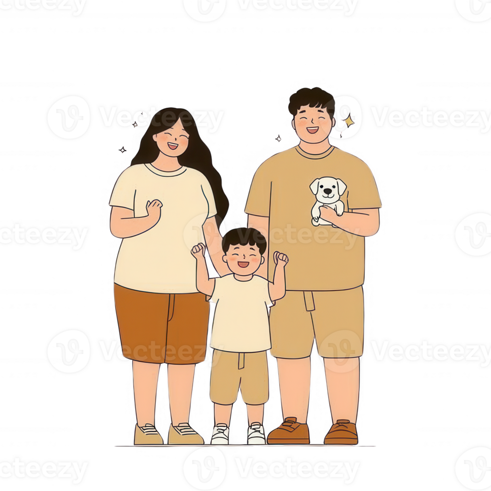 A happy family of three, including a child holding a puppy, standing together in matching outfits, expressing joy and togetherness in a cheerful, animated style. png