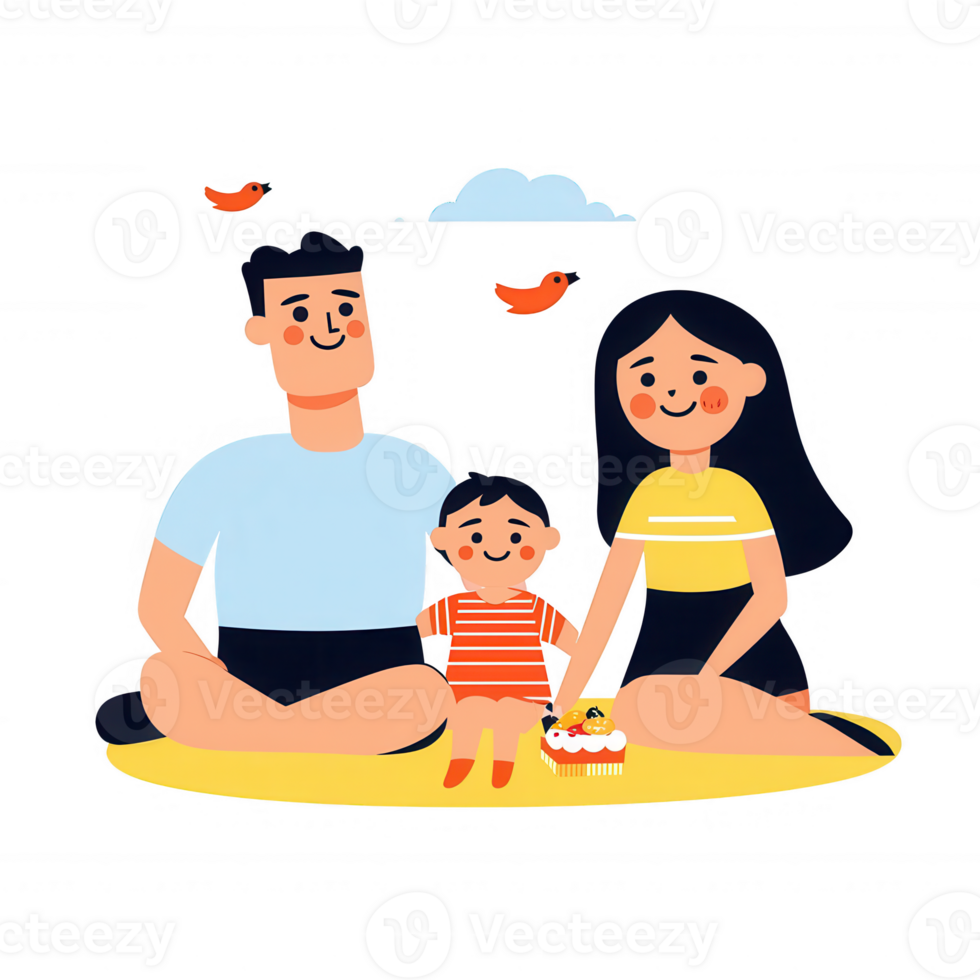 A happy family sitting on the floor, enjoying a cheerful moment together. They celebrate with a cake, radiating love and joy. Perfect for representing family bonds. png
