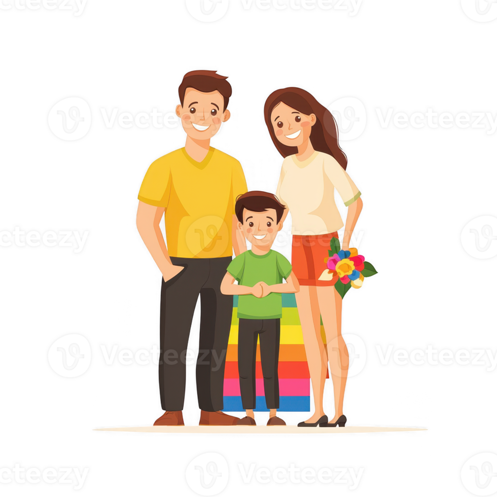A happy family standing together, featuring a father, mother, and child. The child holds a bouquet of colorful flowers, while the parents wear casual clothes and smile. png
