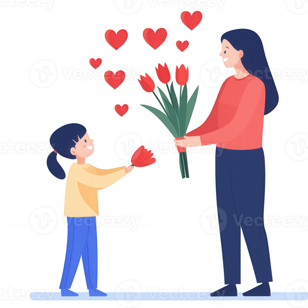 A heartwarming illustration of a child giving a bouquet of tulips to an adult, surrounded by floating hearts, symbolizing love and affection. png