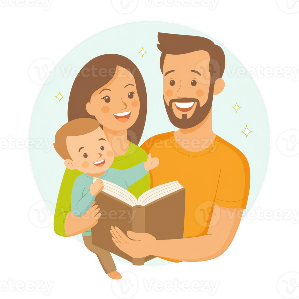 A happy family reading together, showcasing bonding and love for books. Illustrates joy and connection in family time, perfect for promoting literacy and education. png