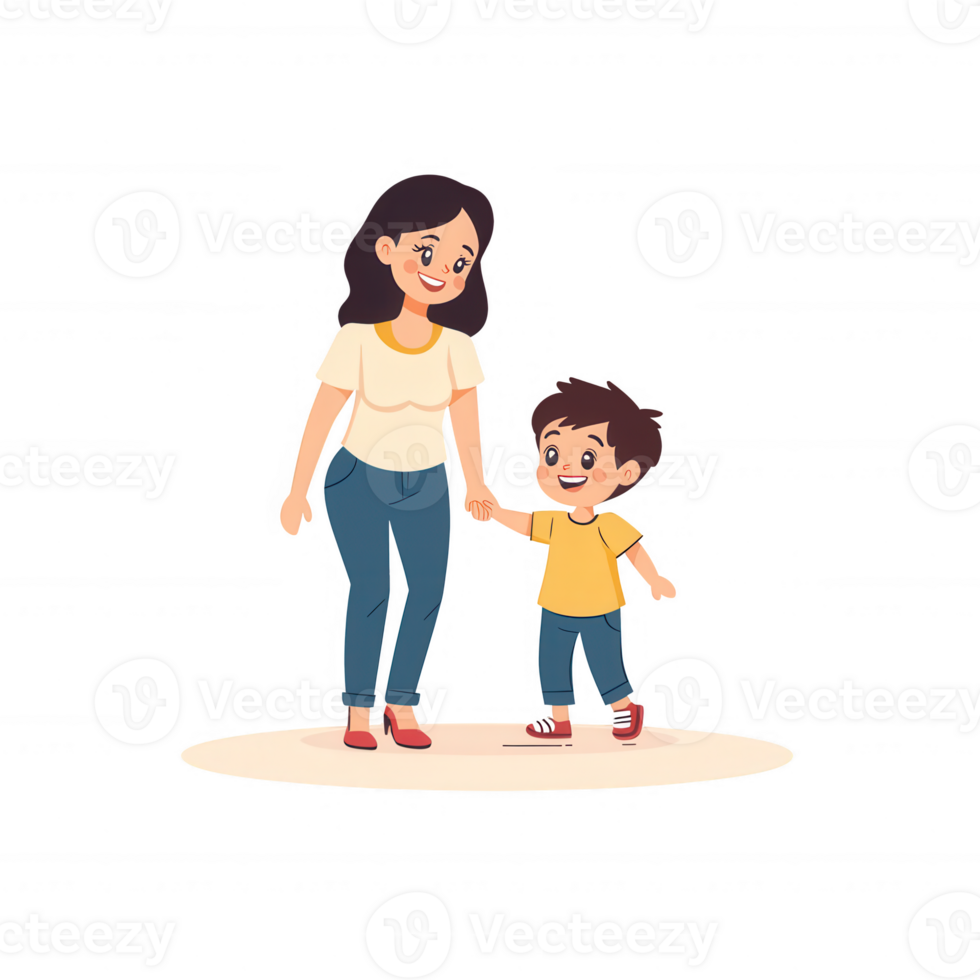 A heartwarming illustration of a mother and child walking hand in hand, showcasing joy, connection, and the bond between parent and child. png
