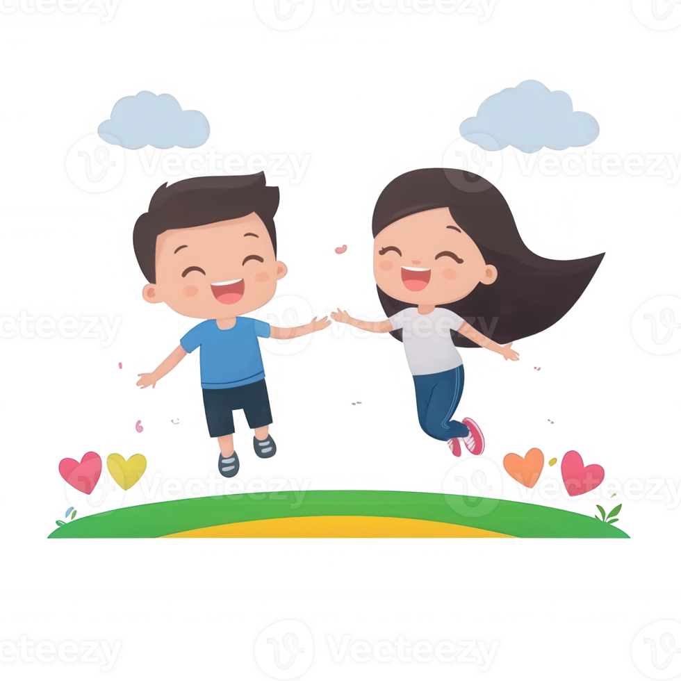 A joyful cartoon representation of two children holding hands and jumping in a vibrant landscape. They express happiness with smiling faces amidst colorful hearts and clouds. png