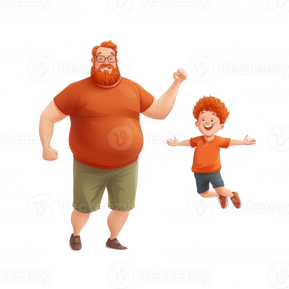 A joyful adult and child wearing matching orange shirts, displaying excitement and happiness in a playful moment. Ideal for family-themed content. png