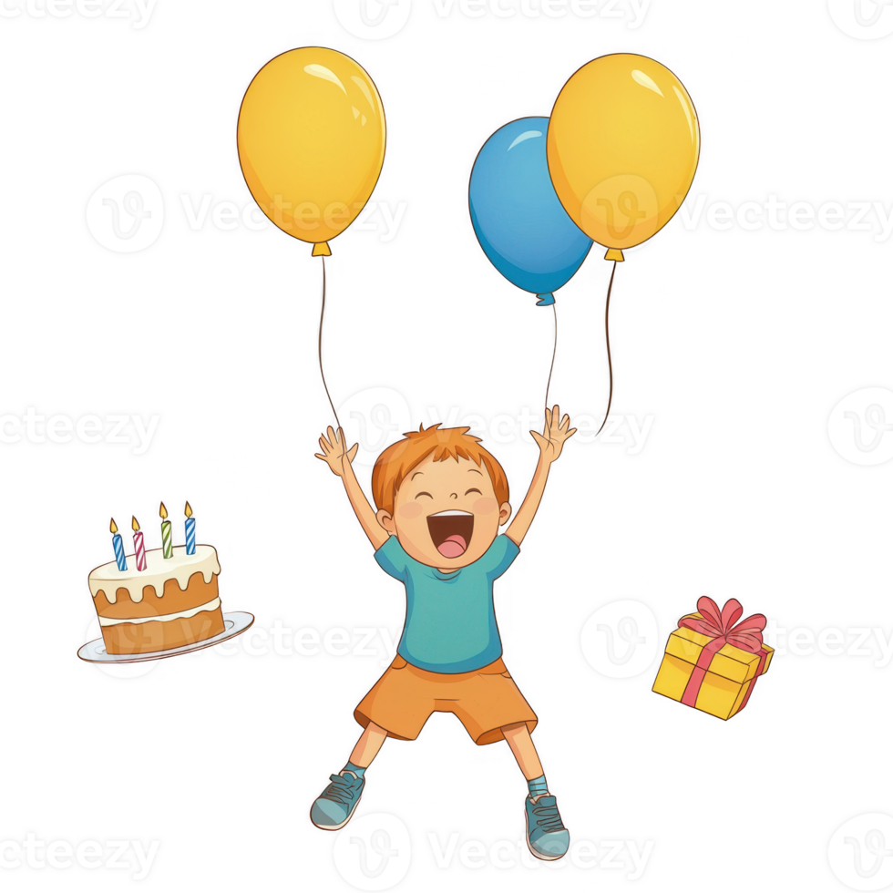 A joyful child celebrating a birthday, holding two colorful balloons with cake and presents nearby, ready for a festive party atmosphere. png