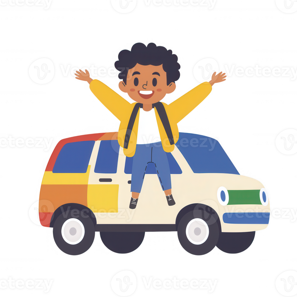 A joyful child happily stands on a colorful car, celebrating adventure and freedom. The scene conveys a sense of fun and excitement, ideal for travel-themed content. png