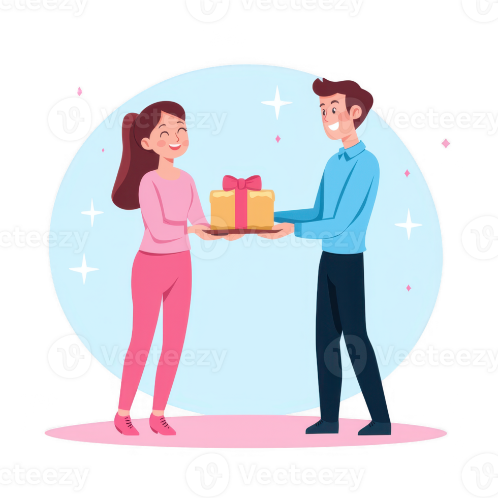 A joyful couple exchanging a gift, showcasing happiness and connection. The woman smiles as the man presents a beautifully wrapped present, creating a heartwarming moment. png
