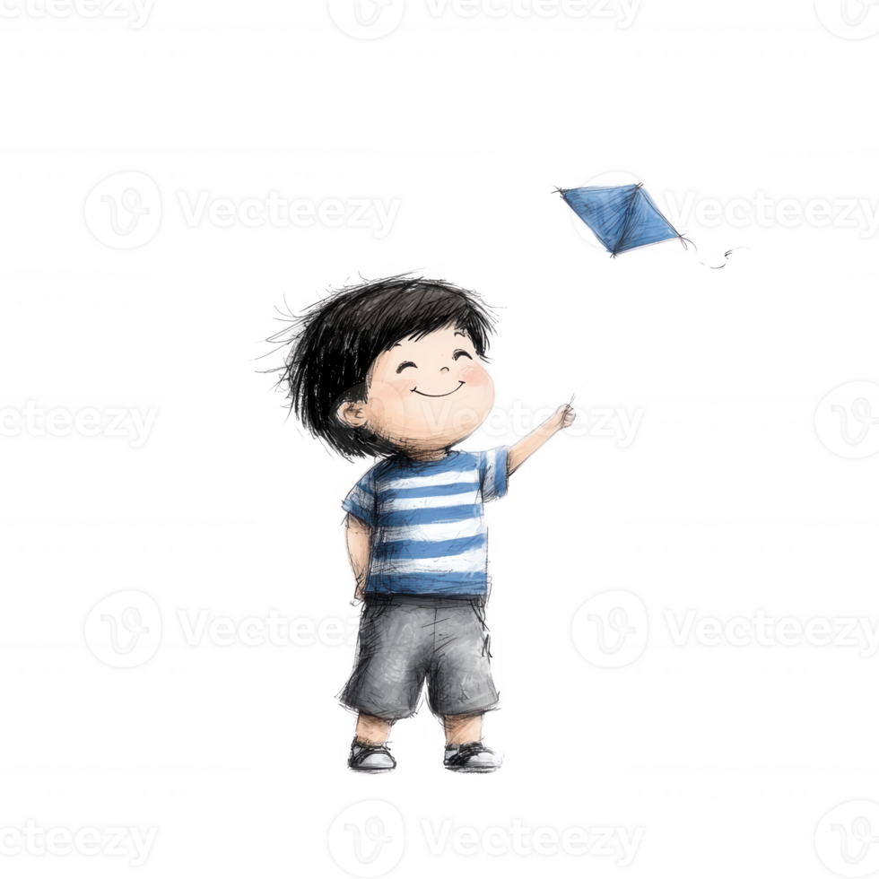 A joyful child with a big smile flying a blue kite in a clear sky. This heartwarming scene captures the essence of childhood happiness and outdoor fun. png