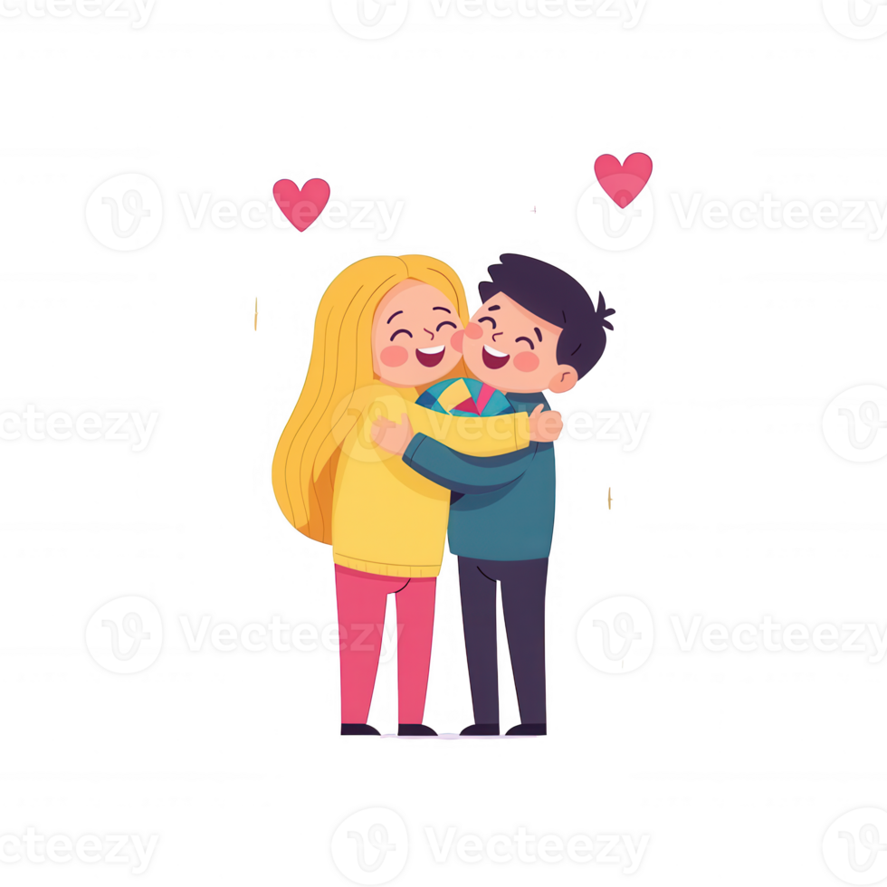 A joyful couple hugging each other, surrounded by hearts, representing love and affection. Perfect for relationship themes and emotional illustrations. png