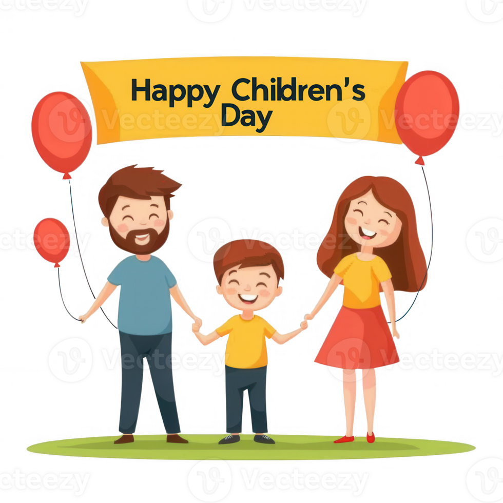 A joyful family celebrates Children's Day, holding hands and balloons under a cheerful banner. Perfect representation of happiness and togetherness. png