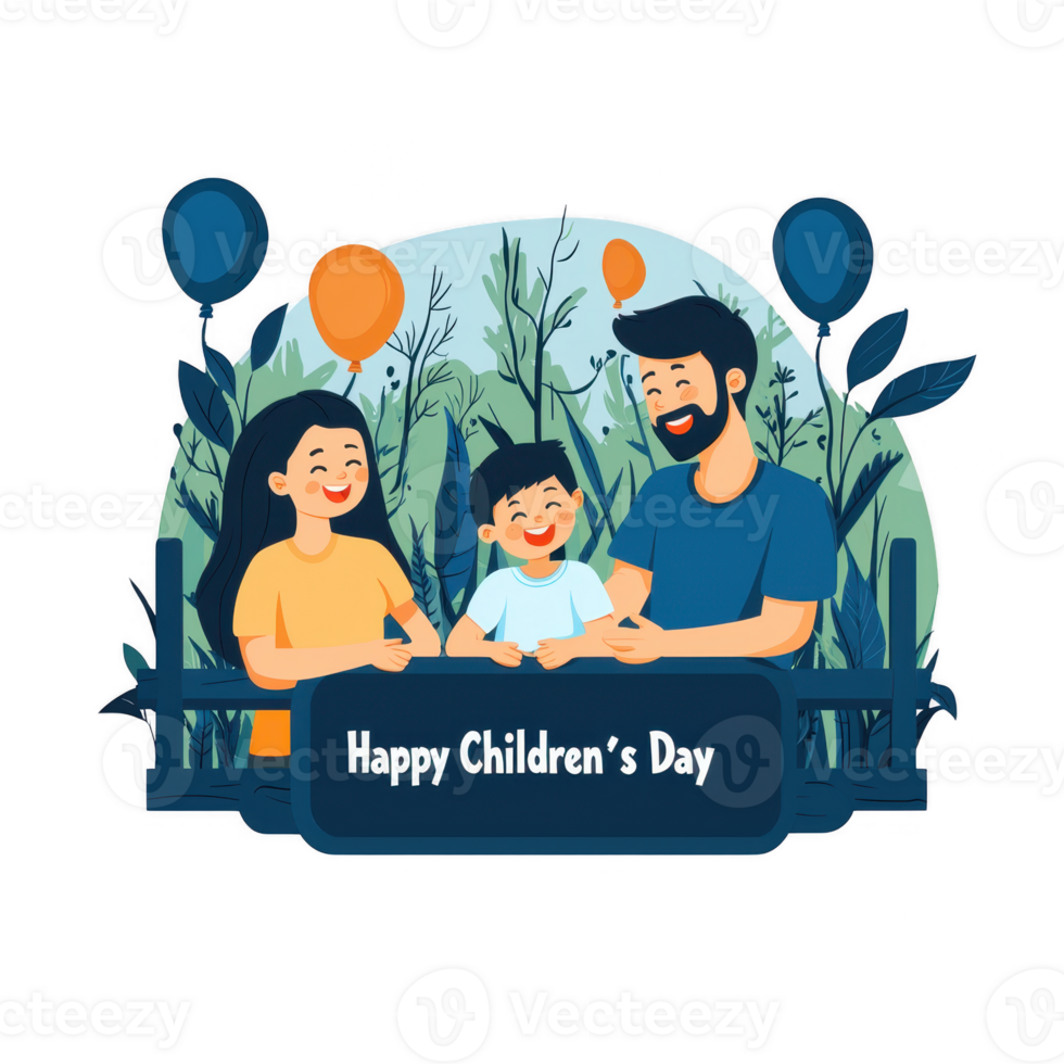 A joyful family celebrating Children's Day, with smiling parents and a child surrounded by colorful balloons and greenery, embodying love and happiness. png