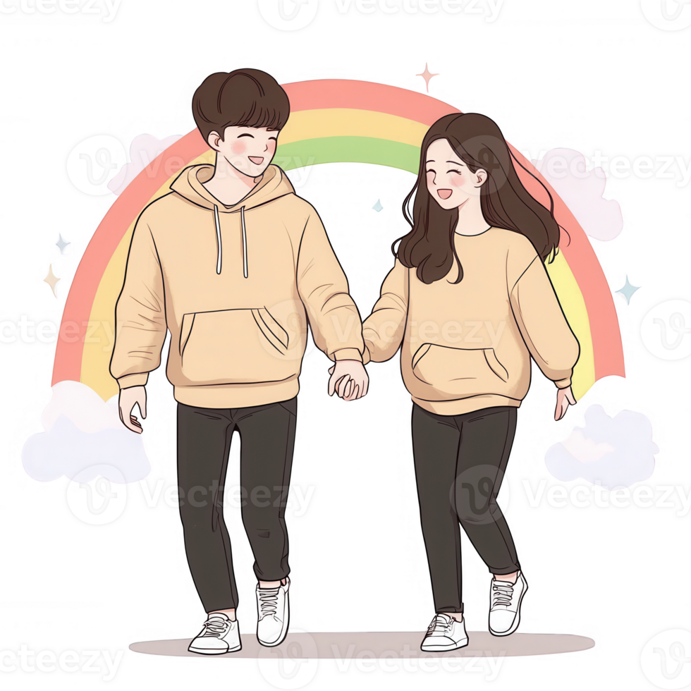 A joyful couple walking hand in hand under a rainbow, sharing smiles and warmth, dressed in cozy hoodies, embodying love and happiness on a perfect day. png