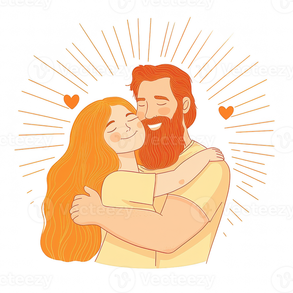 A joyful couple embracing, radiating love and happiness. The illustration features a bearded man and a woman with long hair, surrounded by playful lines and hearts. png