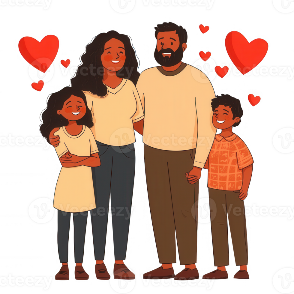 A joyful family of four, standing together and smiling. They exude love and happiness, surrounded by floating heart shapes, representing warmth and togetherness. png