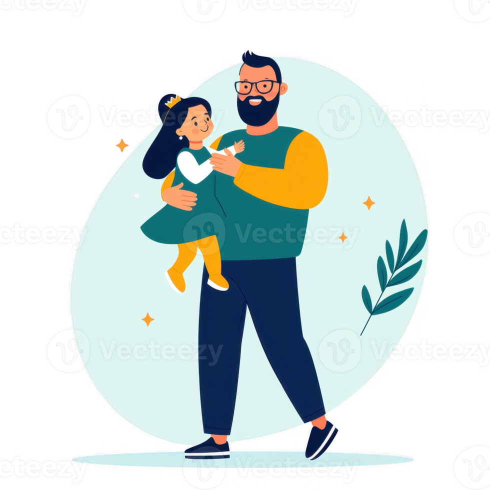 A joyful father holding his daughter, showcasing a loving bond. Illustrative art with soft colors and playful elements, perfect for family themes and relationship depictions. png