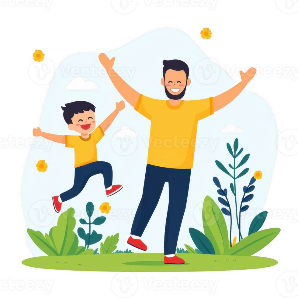 A joyful father and son playing together in a vibrant, green setting, expressing happiness and togetherness with bright smiles and energetic poses. png