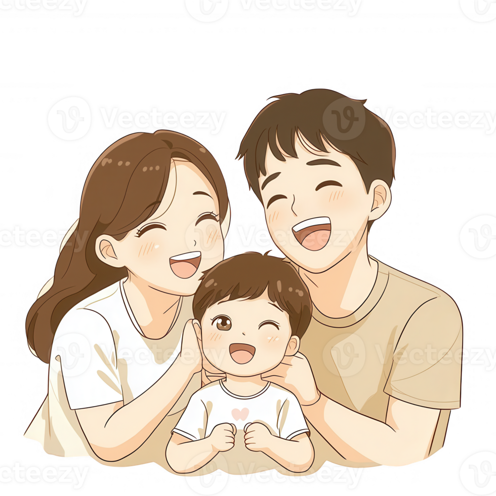 A joyful family portrait featuring a smiling mother, father, and their happy child png