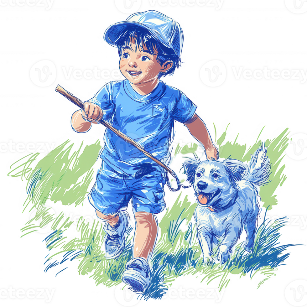 A joyful child in a blue outfit walking a small dog in a vibrant green field, radiating happiness and companionship in an outdoor setting. png