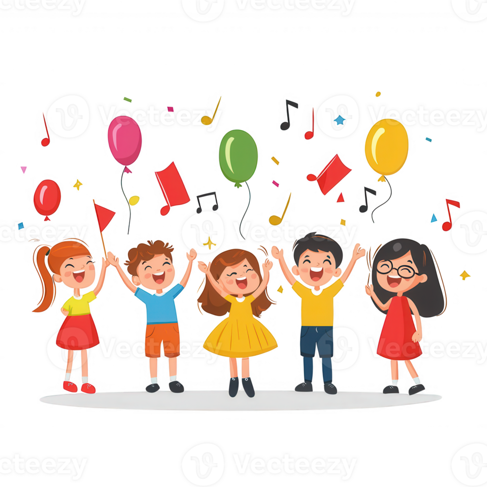 A joyful group of children celebrating with colorful balloons and music notes, expressing happiness and carefree spirit. png