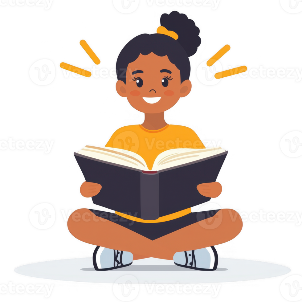 A joyful girl reading a book while sitting cross-legged. She shows excitement and engagement, surrounded by radiant lines symbolizing inspiration and imagination. png
