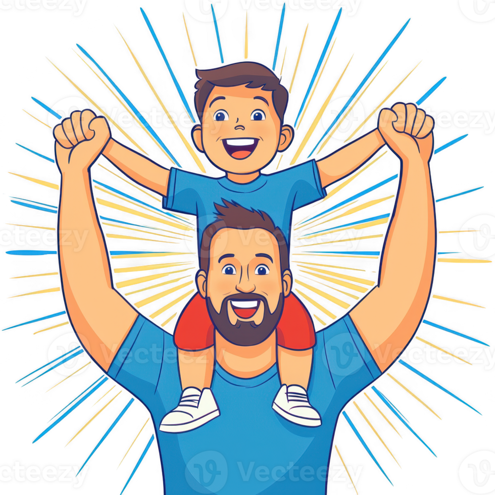 A joyful father carrying his happy son on his shoulders, showcasing a moment of playful bonding against a vibrant, colorful background. png