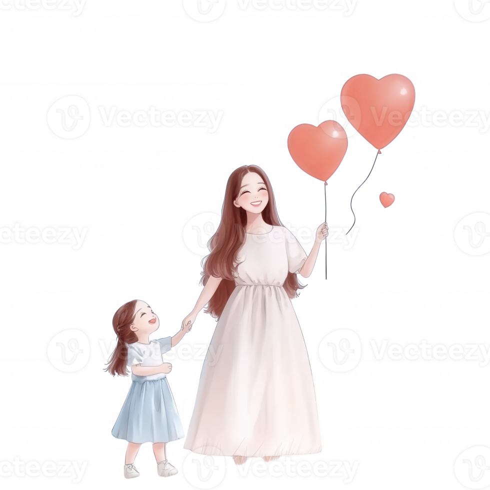 A joyful illustration of a mother and daughter holding heart-shaped balloons together, celebrating love and togetherness in a whimsical, colorful style. png