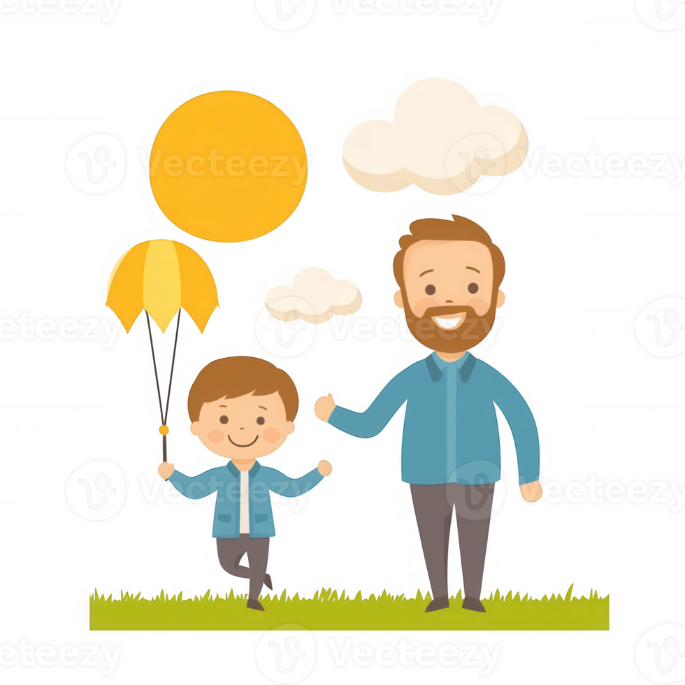 A joyful illustration of a man and a child holding hands outdoors, with a sunny background and clouds, representing happiness and family bonding. png