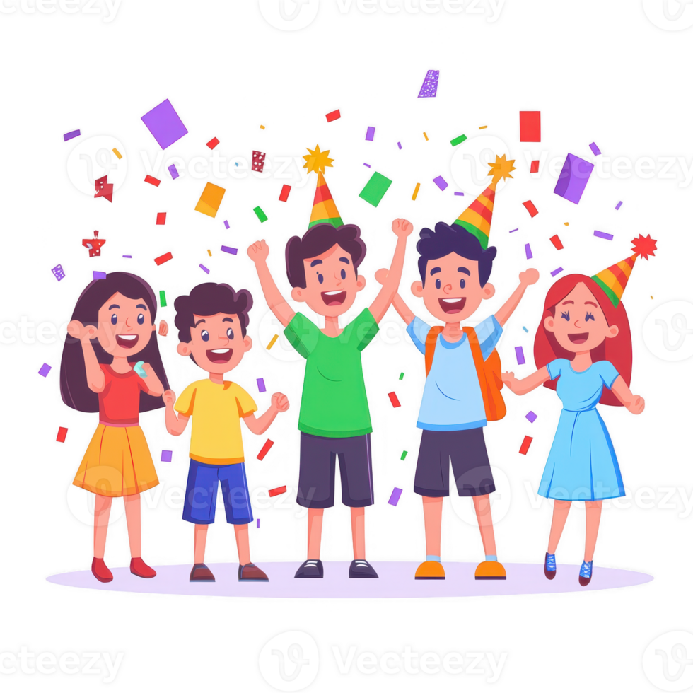 A joyful group of children celebrating together with colorful confetti and party hats, filled with happiness and excitement. png
