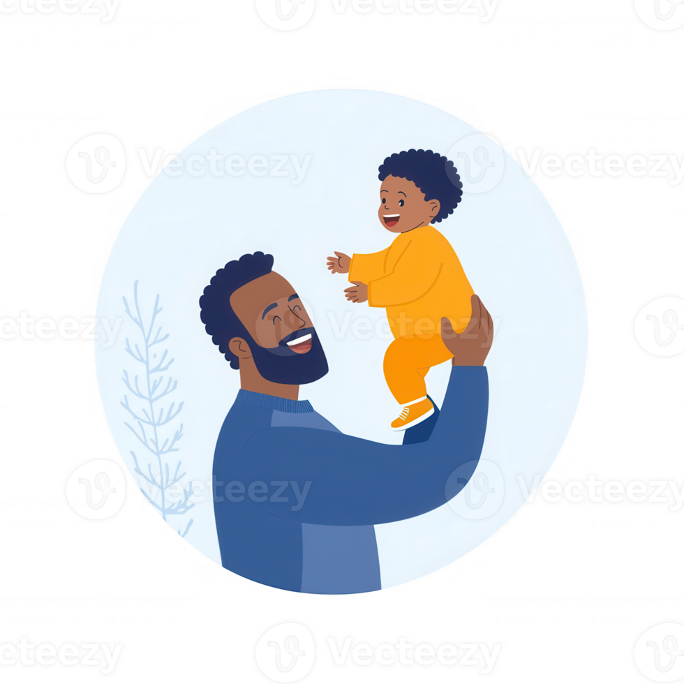 A joyful moment between a father and his young child, showcasing happiness and love. The father lifts his son in the air, both sharing smiles in a warm, cheerful atmosphere. png
