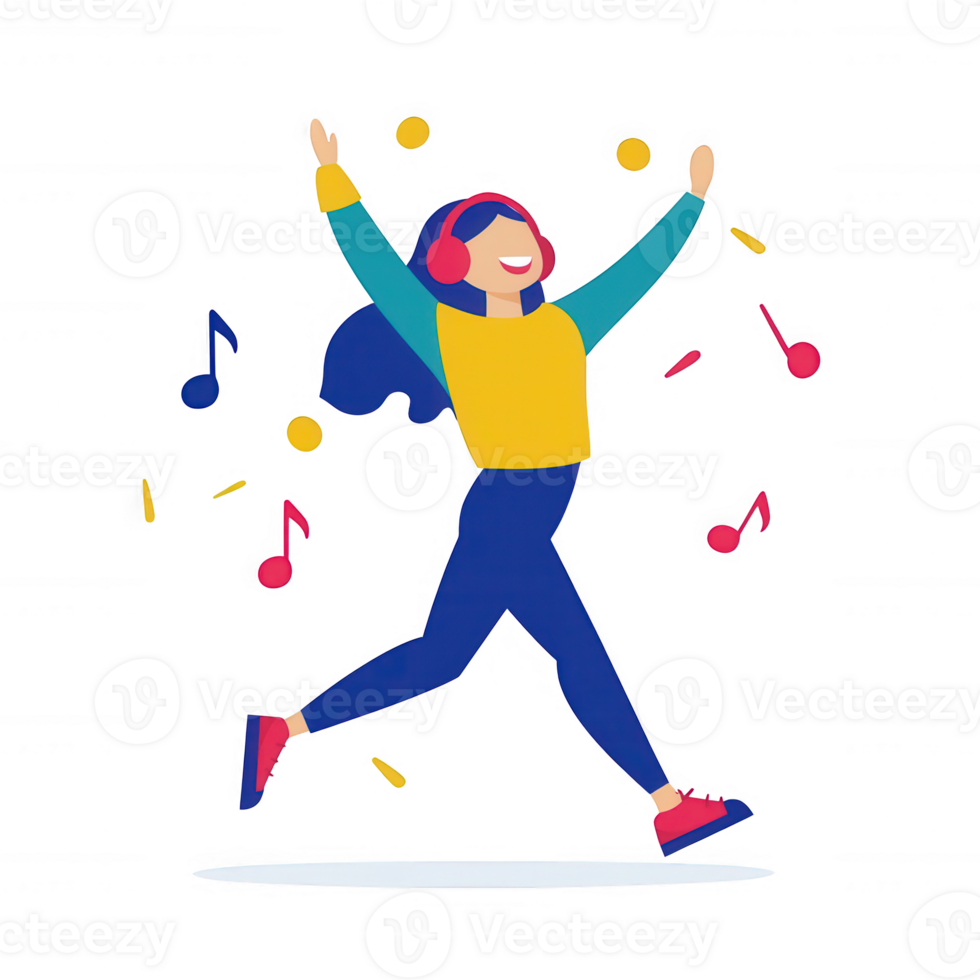 A joyful person dancing and enjoying music, wearing headphones with colorful musical notes around, expressing happiness and freedom. png