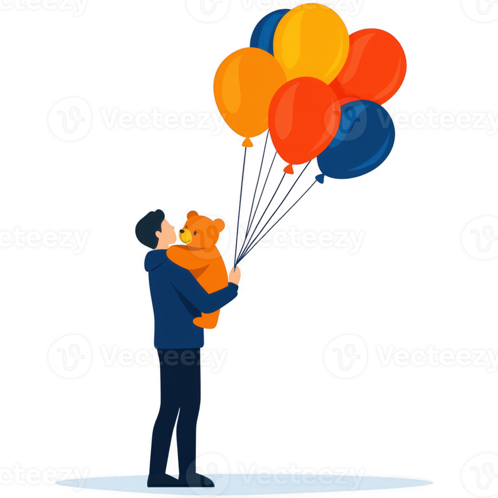 A joyful man embraces a bear while holding colorful balloons against a white background, symbolizing happiness and celebration. png