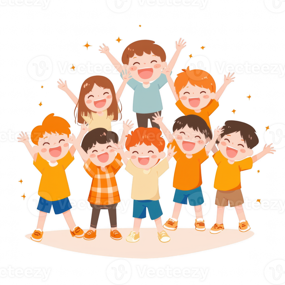 A joyful group of children celebrating together with raised hands and bright smiles, showcasing unity and happiness in a fun environment. png