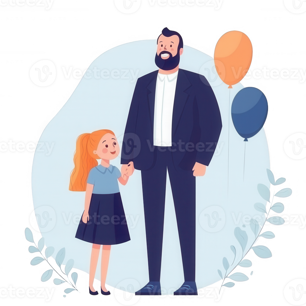 A joyful illustration of a father holding hands with his daughter, both smiling with colorful balloons in the background, capturing a moment of love and connection. png