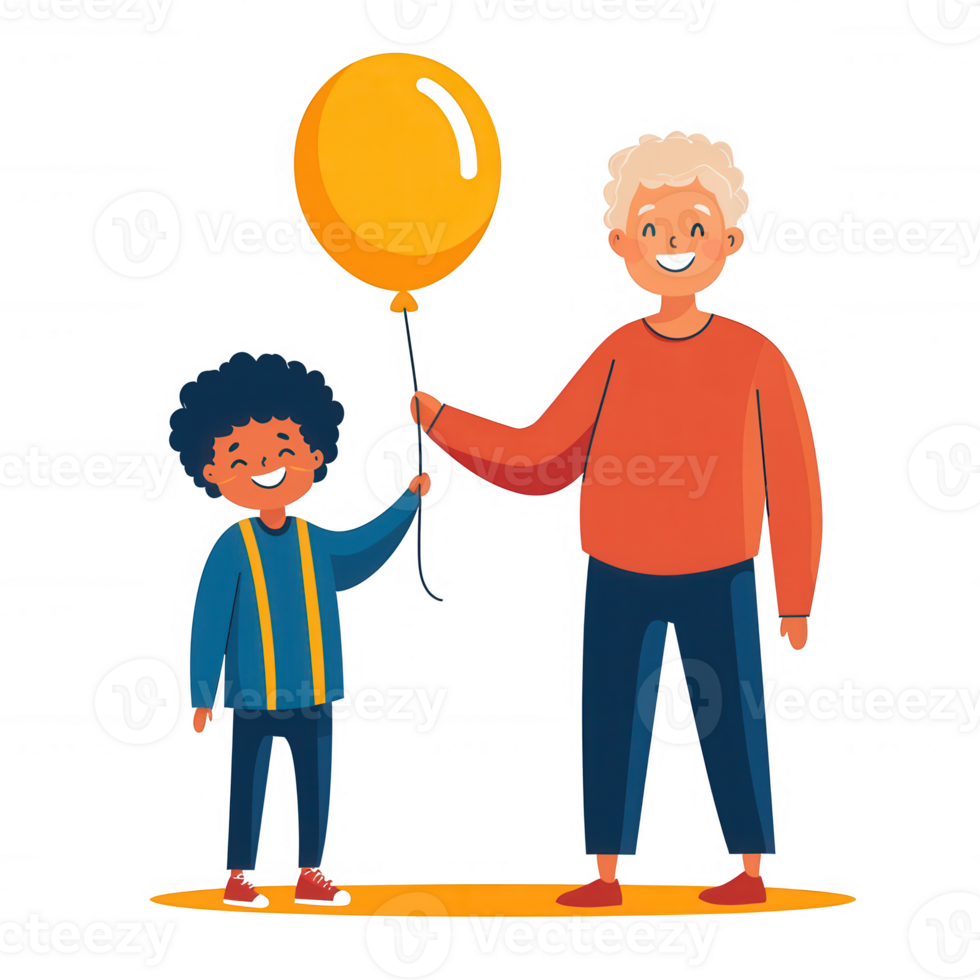 A joyful scene depicting an older man and a young boy holding a yellow balloon, symbolizing happiness and connection between generations. png