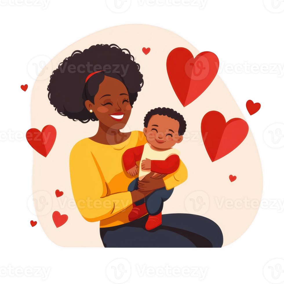 A joyful mother holding her smiling baby, surrounded by hearts, embodying love and warmth in a playful setting. png