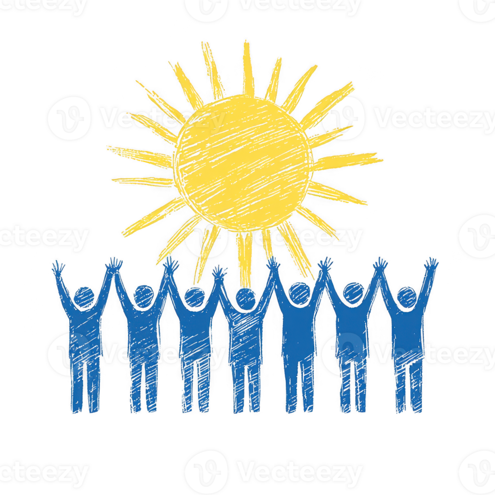 A joyful group of people celebrating under a bright sun, symbolizing unity and hope. The illustration captures a sense of togetherness and positivity in a vibrant atmosphere. png