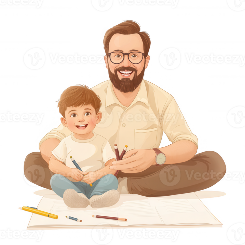 A joyful moment of a father and his son sitting on the floor, surrounded by colorful art supplies, creating drawings together in a warm and loving environment. png