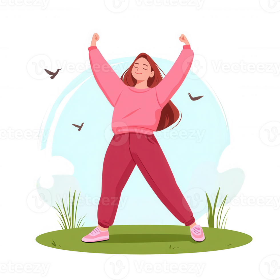 A joyful young woman standing with arms raised, celebrating happiness in a serene outdoor environment with birds flying in the background. png